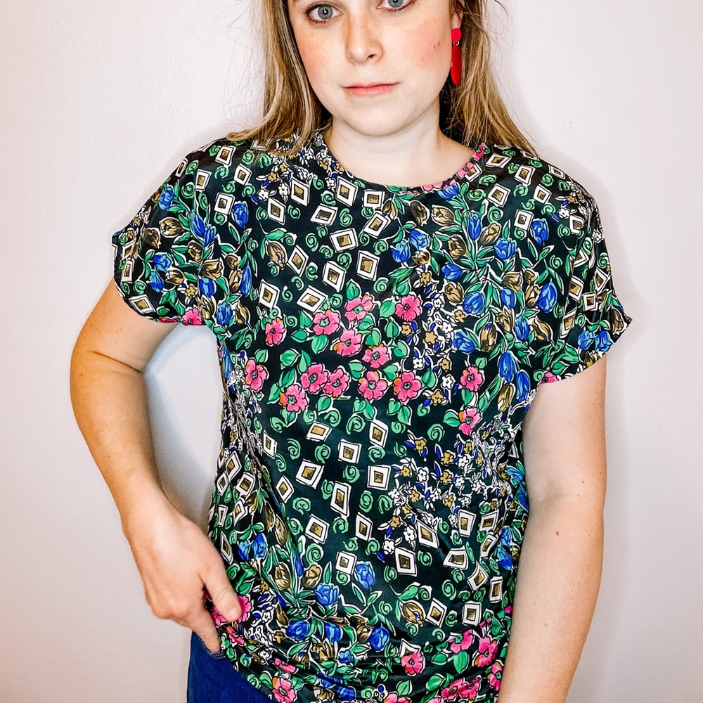 Vintage 80s 90s Polyester Floral Patterned Blouse
